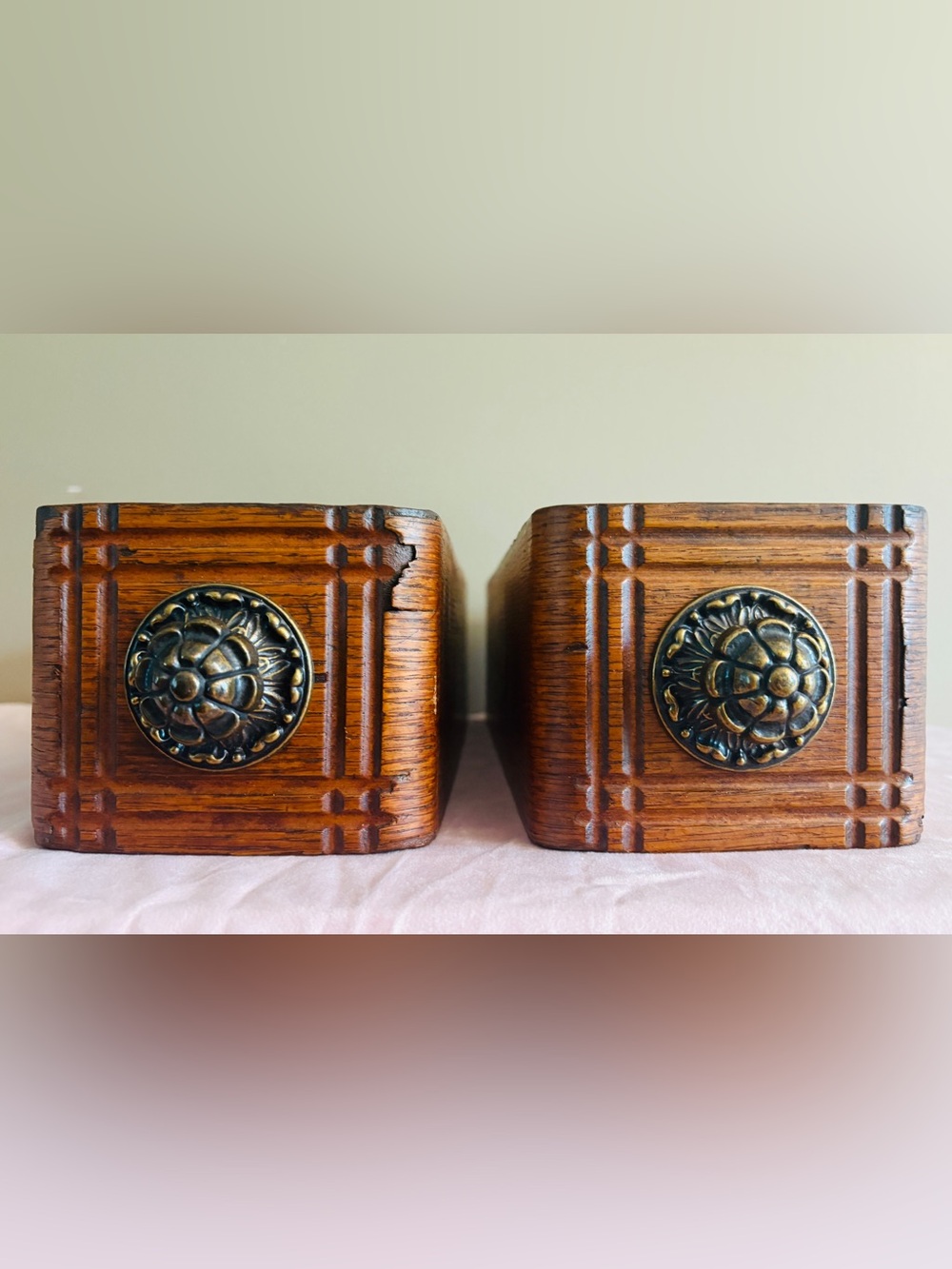 Set of 2 Vintage Wood Mirrored Box Drawers with Metal Medallions